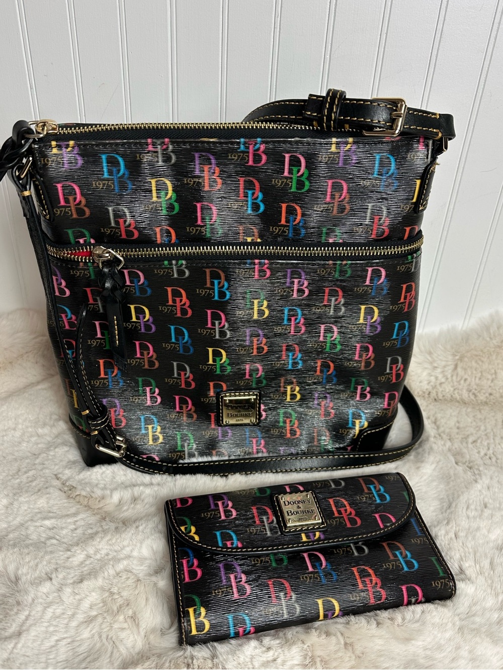 Dooney & Bourke Black Multicolor Logo 1975 DB 75 Crossbody with Matching Wallet